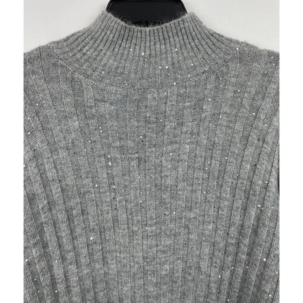 Ophelia Roe Gray Ribbed Knit Sweater Dress Sequins & High Neckline Womens Size 3 - Picture 6 of 9